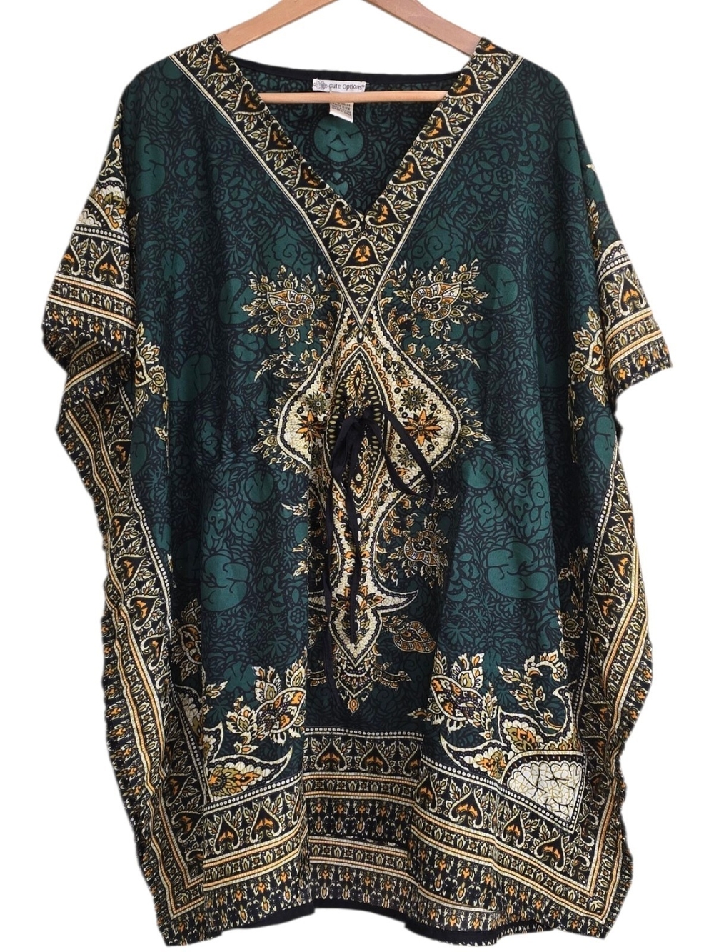 Cute Options Green Gold Paisley Mandala Kaftan Tunic Cover Up One Size OS boho